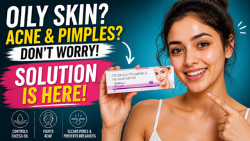 Woman pointing to Clinsol Gel tube as a solution for oily skin