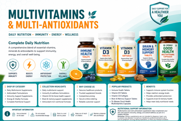 Multivitamins and antioxidant supplements for immunity, energy, brain health, and daily wellness.