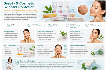 Beauty and cosmetic skincare collection featuring acne treatment gels, pigmentation creams, anti-fungal creams, eczema care products, and dermatologist-recommended skincare solutions for healthy, clear, and radiant skin