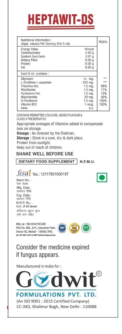 Heptawit DS Liver Detox Syrup , L-ornithine L-aspartate Silymarin Liver Tonic Sugar Free 150 ML