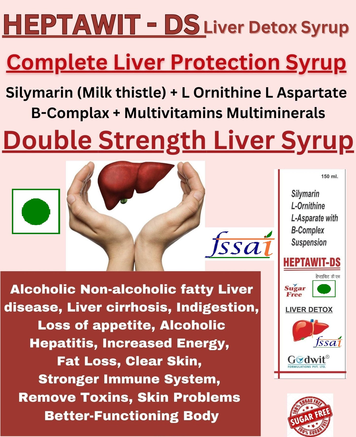 Heptawit DS Liver Detox Syrup , L-ornithine L-aspartate Silymarin Liver Tonic Sugar Free 150 ML