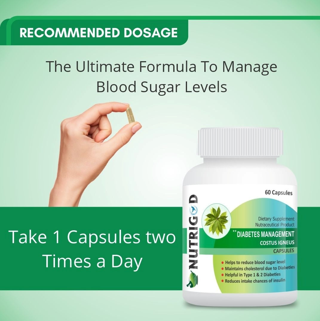 Nutrigod Diabetes Management Costus Igneus Capsules , Ayurvedic Diabetic care capsules , Ayurvedic Diabetes care Medicine , Insulin Plant Extract Capsules Pack of 60