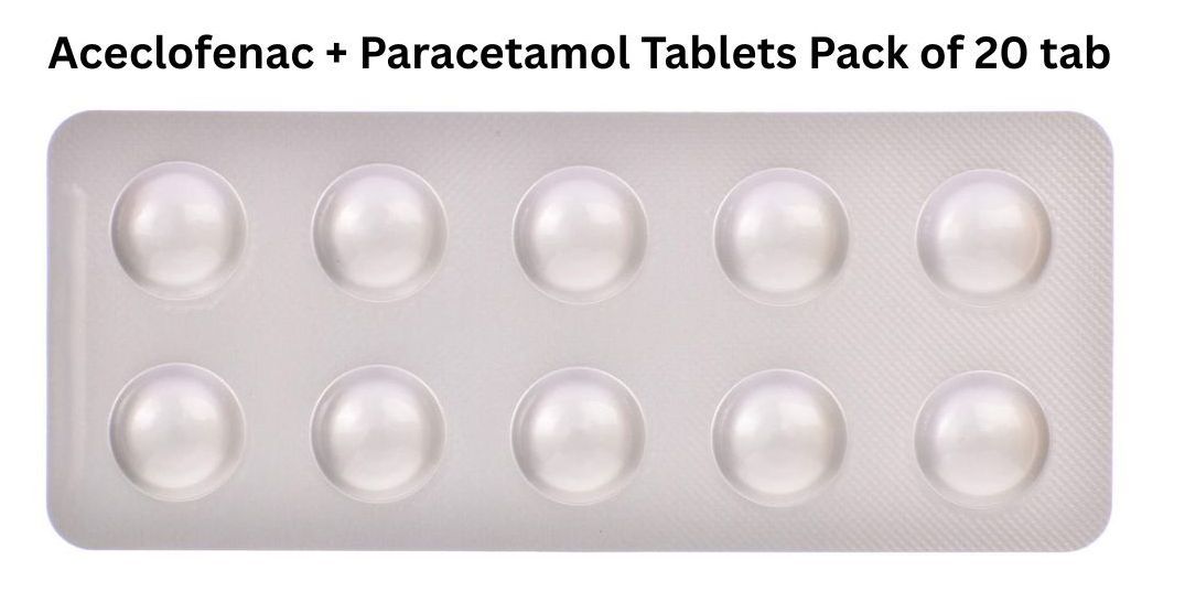Pack of Aceclofenac + Paracetamol Tablets with 20 tablets on a white background