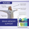 NUTRIG-D brain memory support supplement with a woman in a white coat and hat, labeled features on a blue and white background.