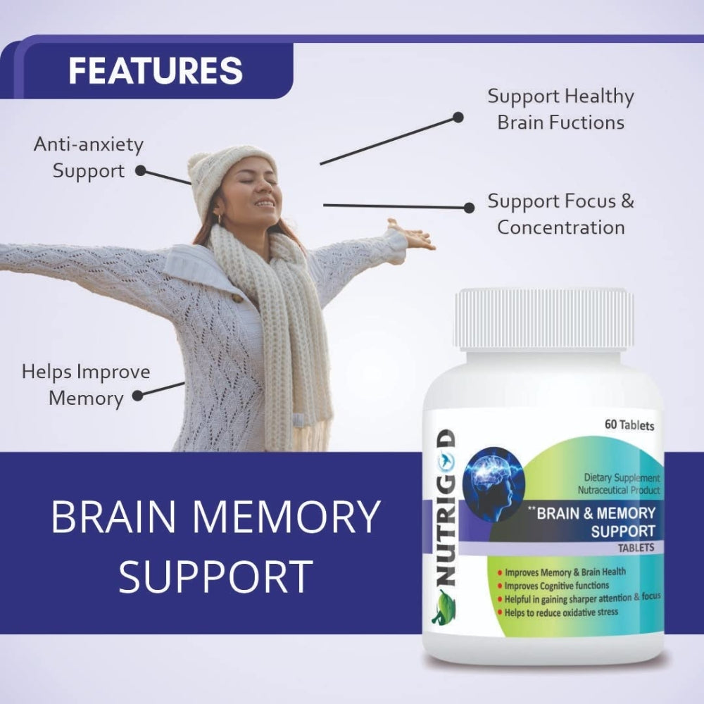 NUTRIG-D brain memory support supplement with a woman in a white coat and hat, labeled features on a blue and white background.