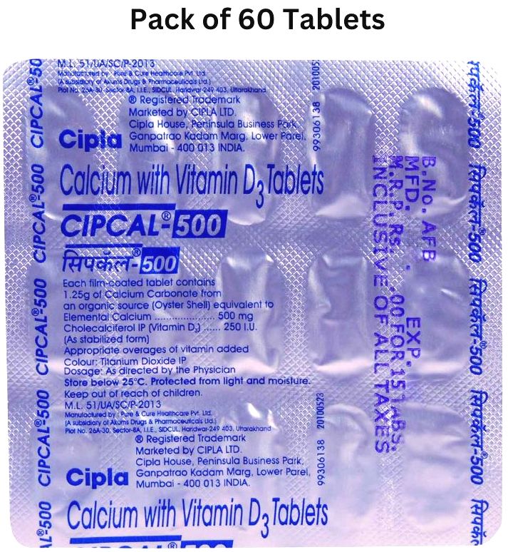 Cipcal 500 Tablet from Cipla | Source of Calcium & Vitamin D | For Bone, Joint and Muscle Care Pack of 60 Tablets