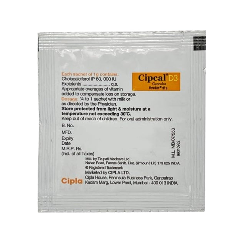 Cipeal D3 supplement packet with branding and product details on a white background