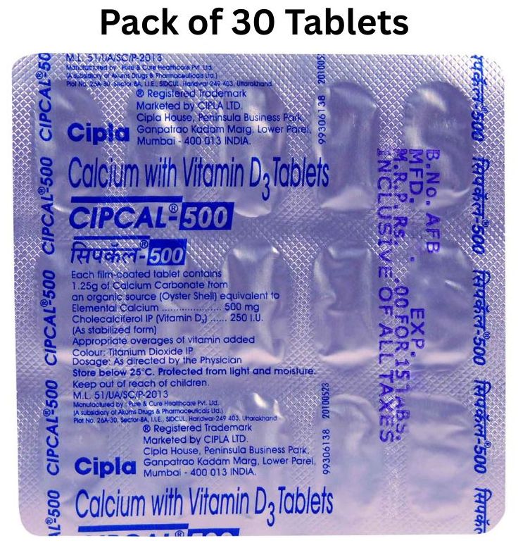 Cipcal 500 Tablets by Cipla containing Calcium and Vitamin D3 for bone health support and calcium supplementation.