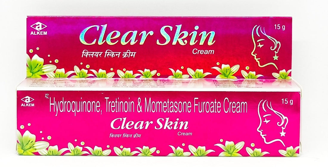 Clear Skin Cream for Hyperpigmentation 15g by Alkem containing Hydroquinone, Tretinoin and Mometasone Furoate for melasma and dark spot treatment.