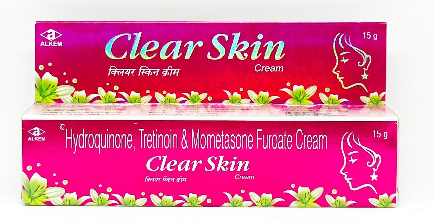 Clear Skin Cream for Hyperpigmentation 15g by Alkem containing Hydroquinone, Tretinoin and Mometasone Furoate for melasma and dark spot treatment.
