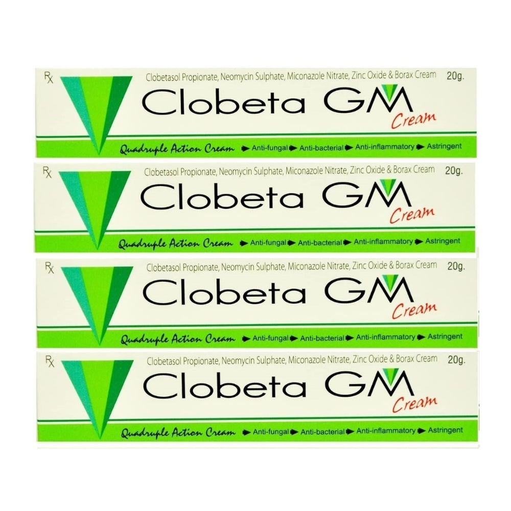 Multiple boxes of Clobeta GM Cream on a white background