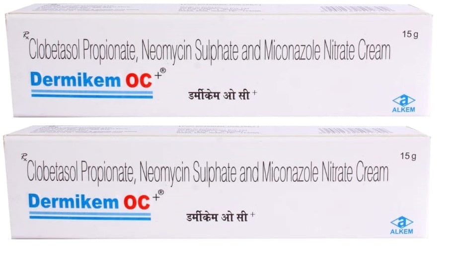 Two boxes of Dermikem OC cream with Alkem logo on a white background