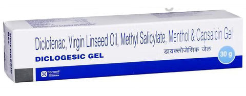 Diclogesic Gel 30g containing Diclofenac, Menthol, Methyl Salicylate, Virgin Linseed Oil and Capsaicin for muscle and joint pain relief.
