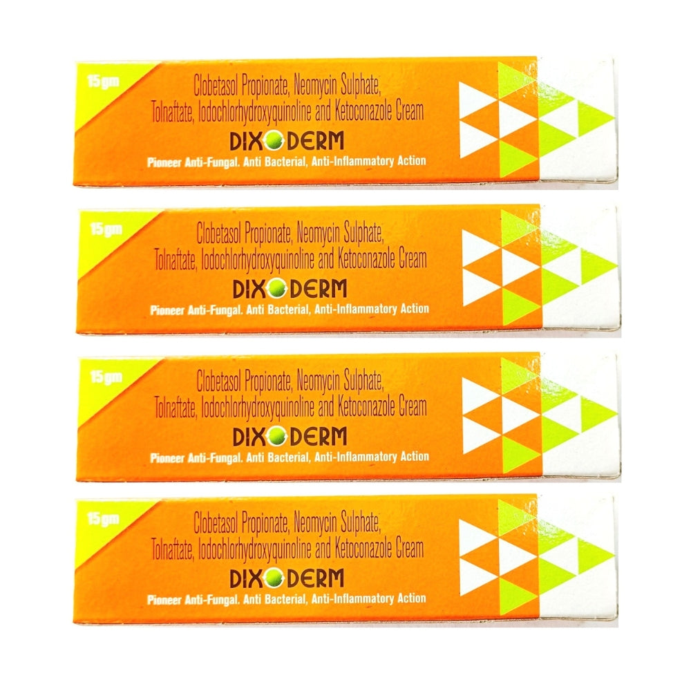 Four boxes of Dix Derm cream on a white background