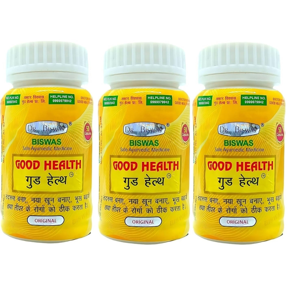 Three bottles of Dr. Biswas Good Health supplement on a white background