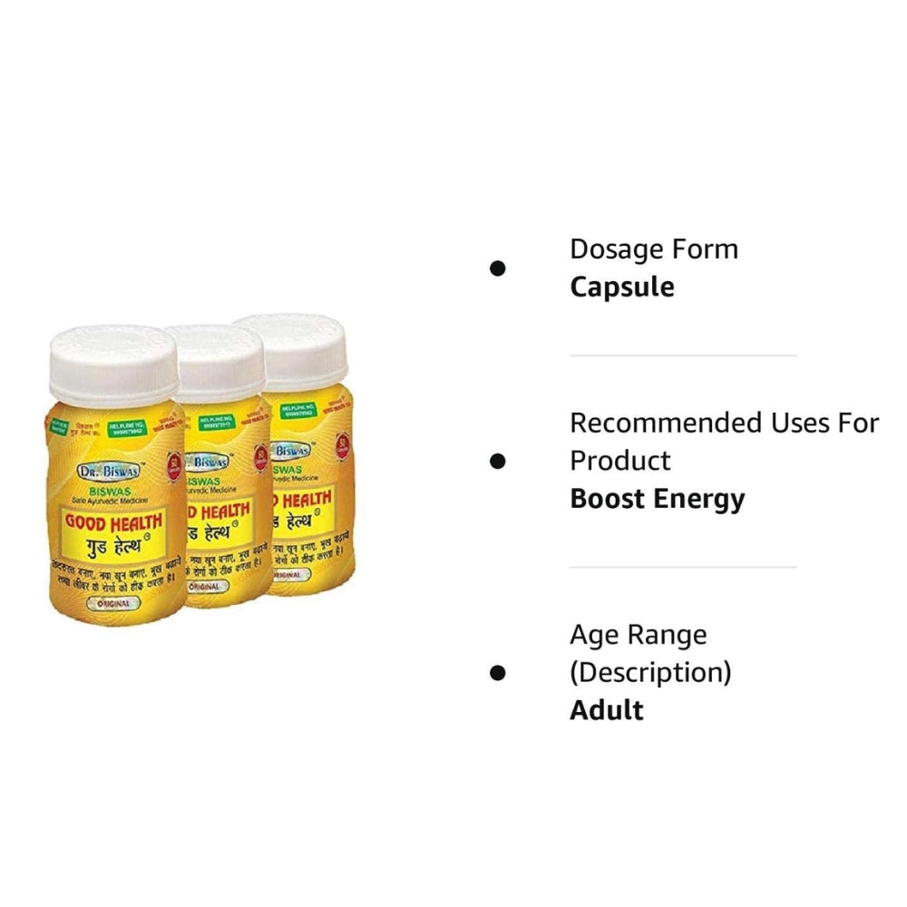 Three yellow bottles with white caps on a white background, labeled 'Good Health'.