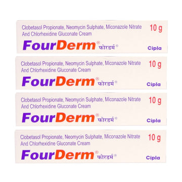 Multiple packages of FourDerm cream with Cipla branding on a white background