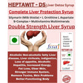 Heptawit-DS Liver Detox Syrup packaging with liver illustration and product details.