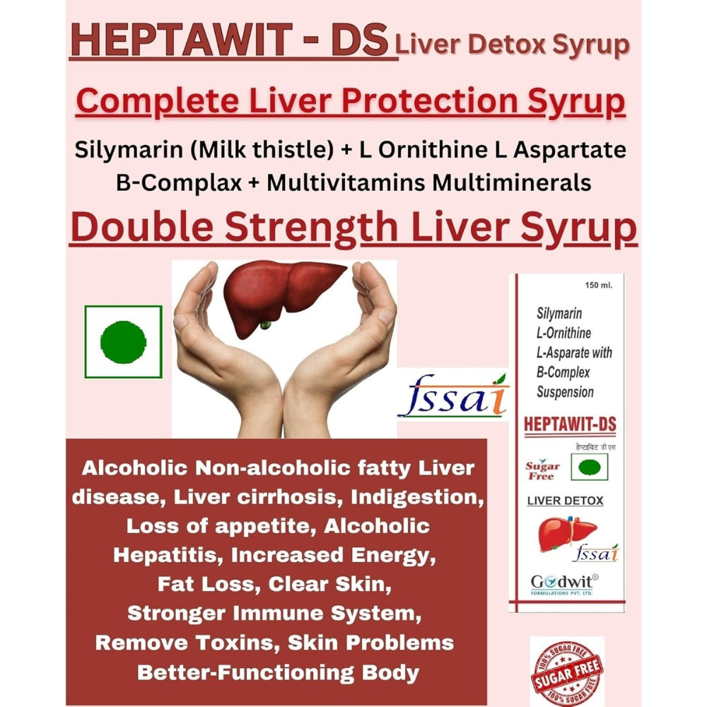 Heptawit-DS Liver Detox Syrup packaging with liver illustration and product details.