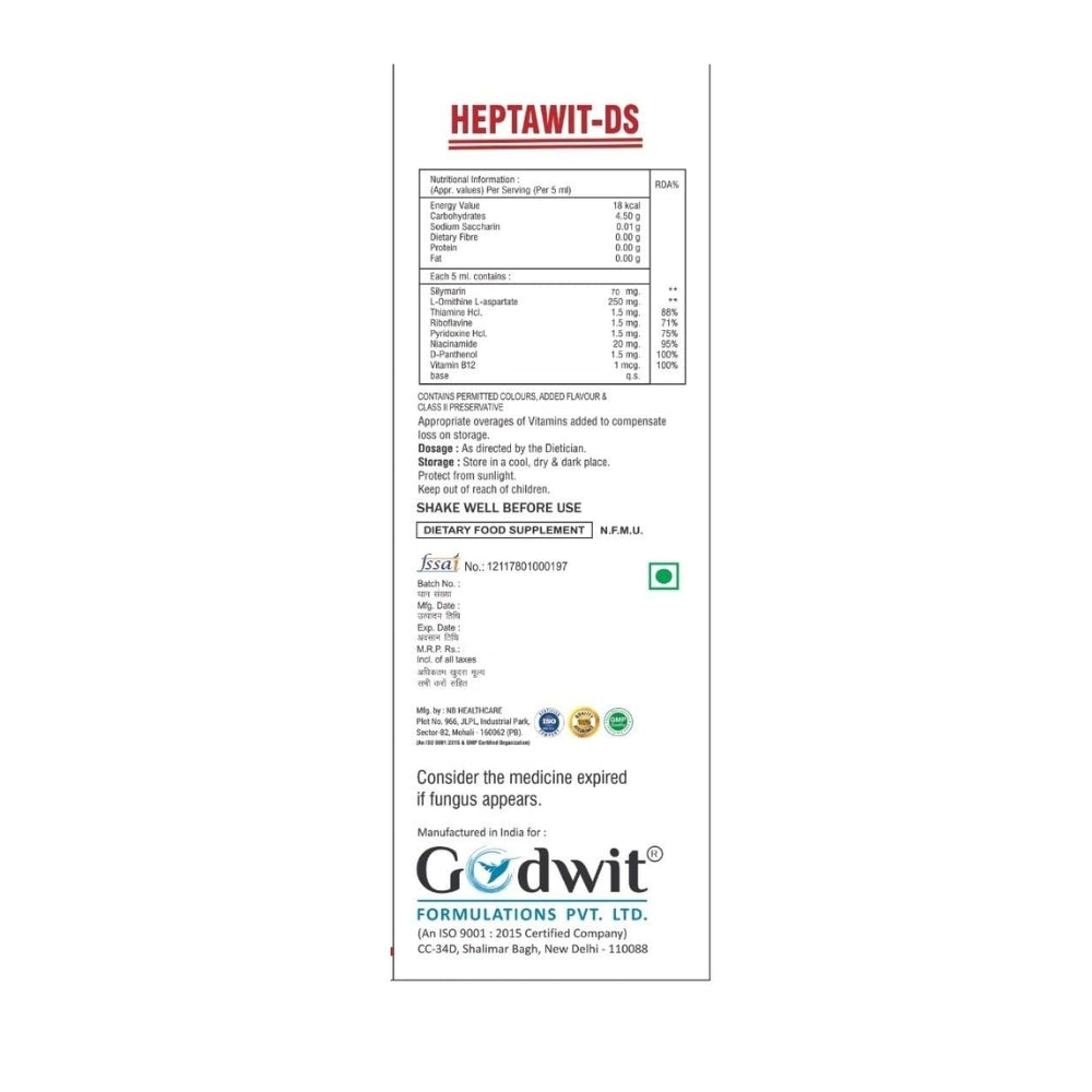 Label of a dietary supplement named 'Heptawit-DS' by Godwit Formulations on a white background.