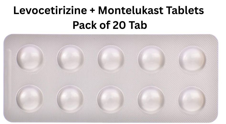 Pack of 20 Levocetirizine + Montelukast Tablets on a white background