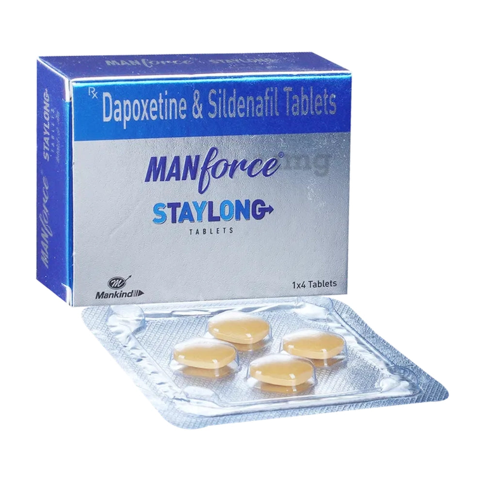 Box of Manforce StayLong tablets with blue and white design