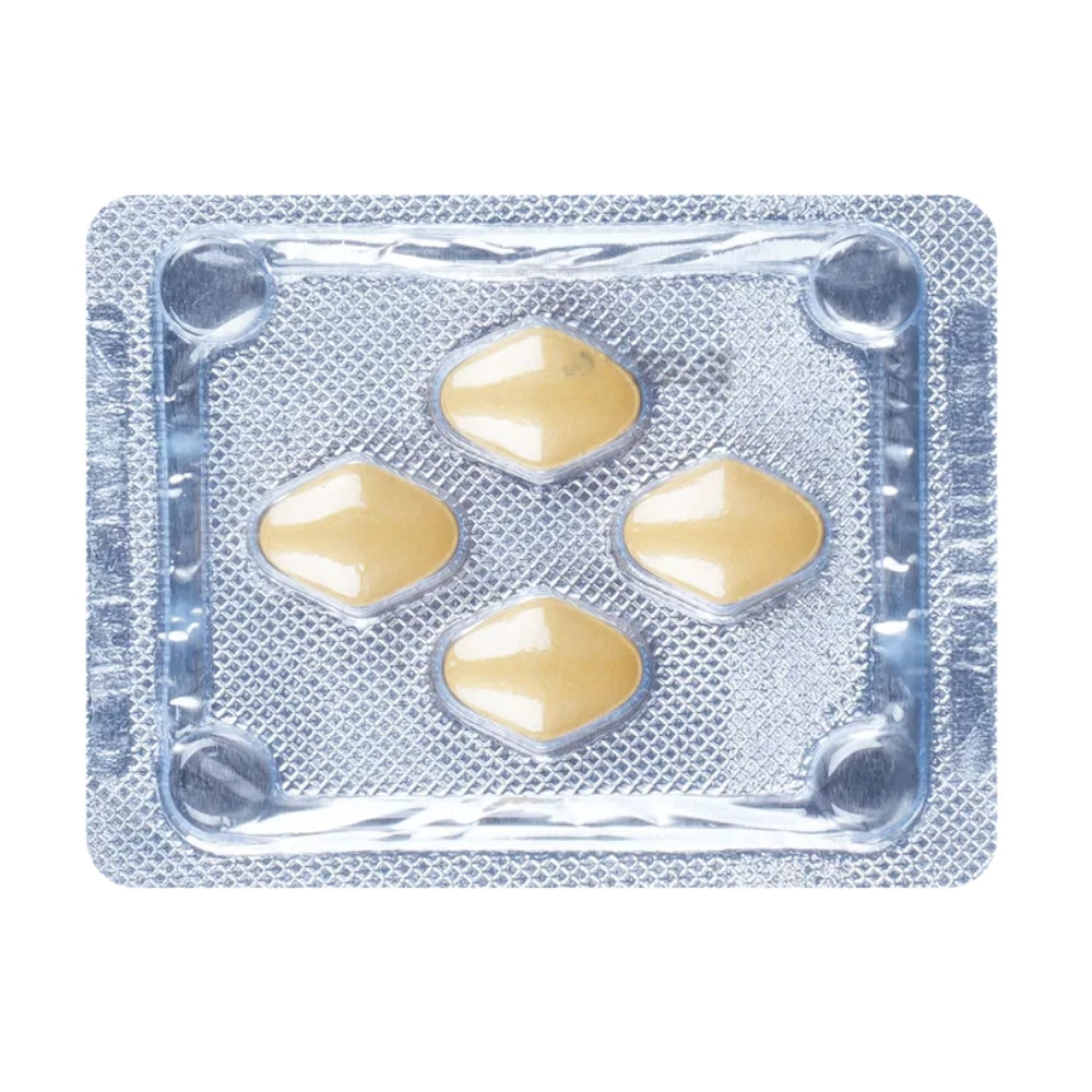 Clear blister pack with four yellow capsules on a white background