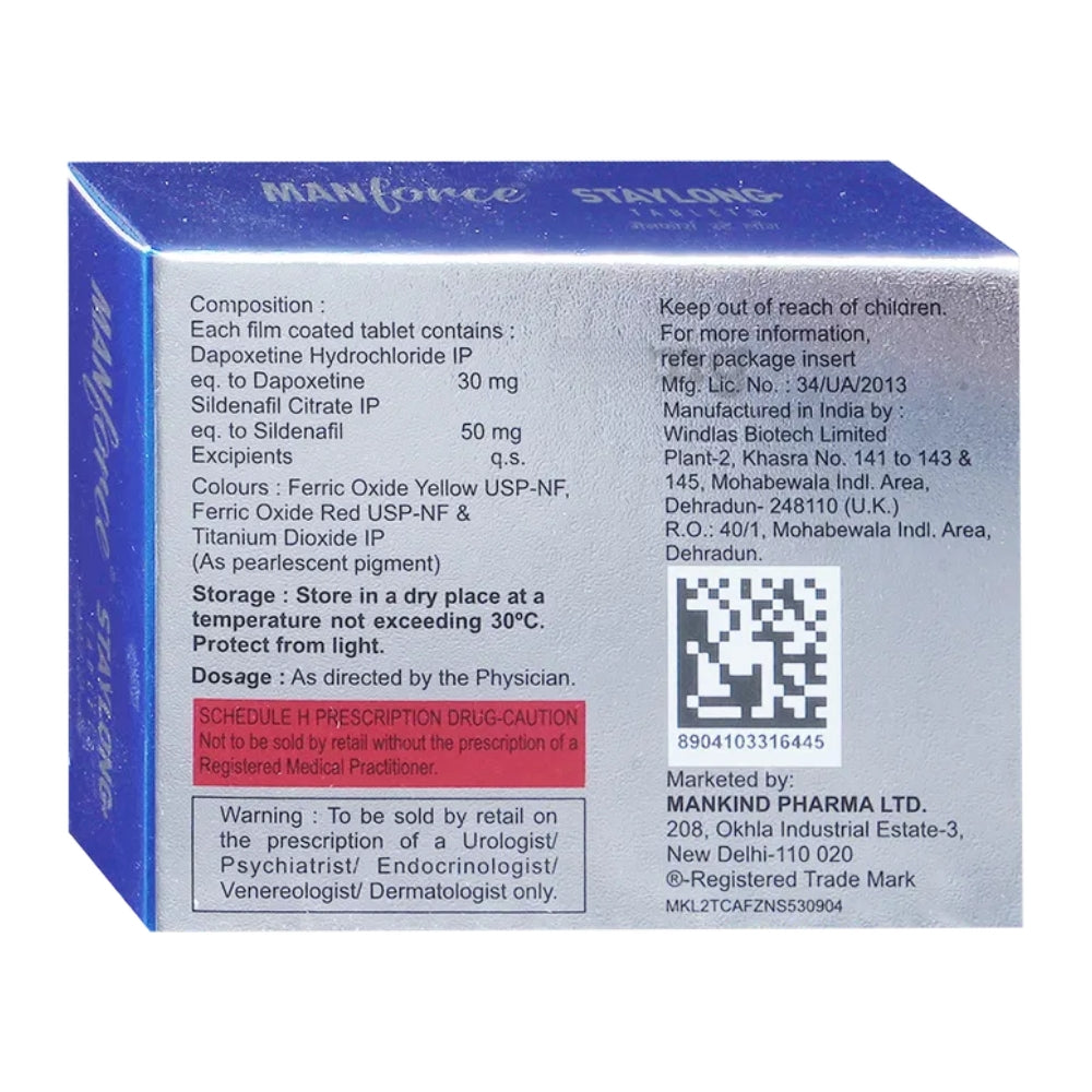 Box of Manforce medication with detailed information on a white background