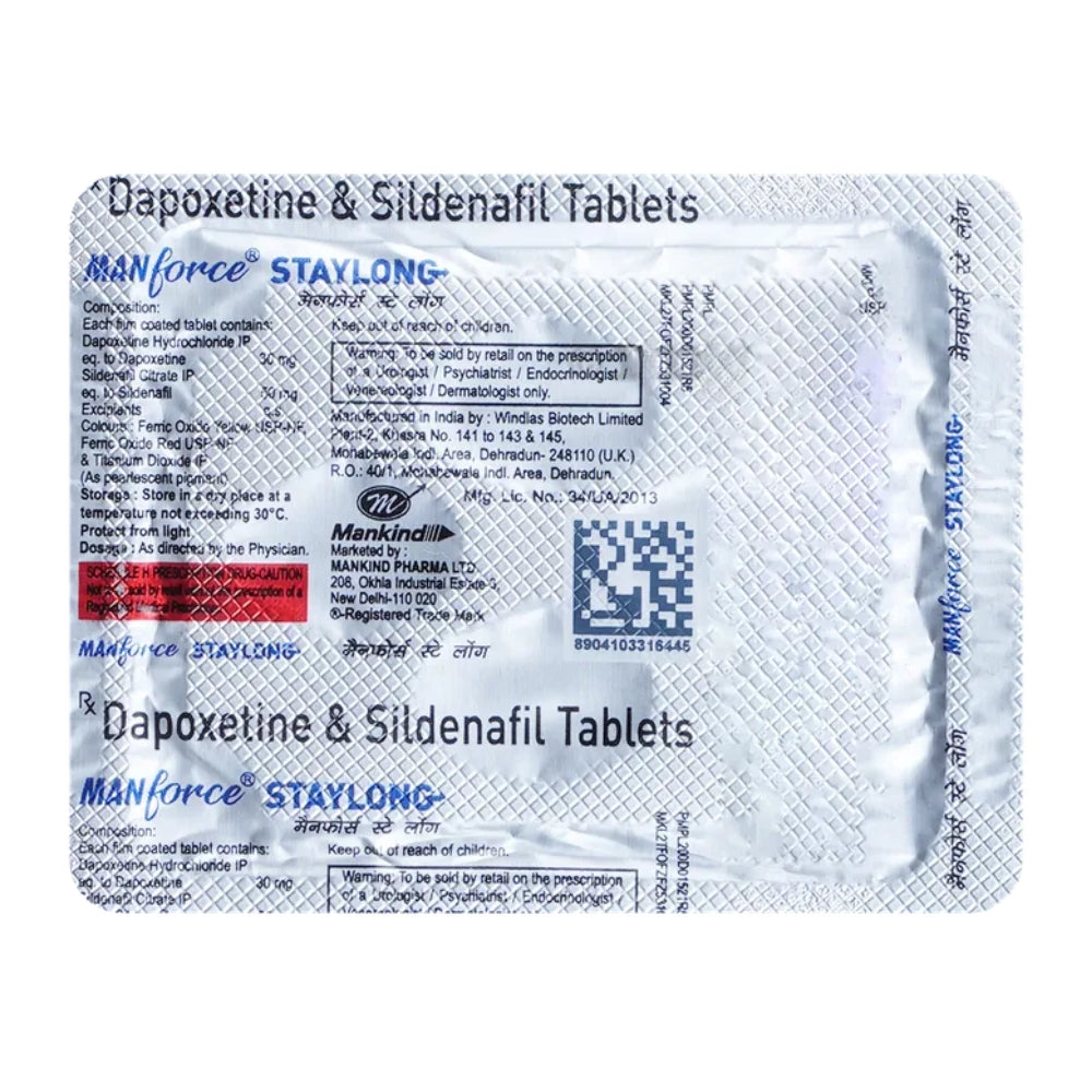 Packaging of Dapoxetine & Sildenafil Tablets with branding on a white background