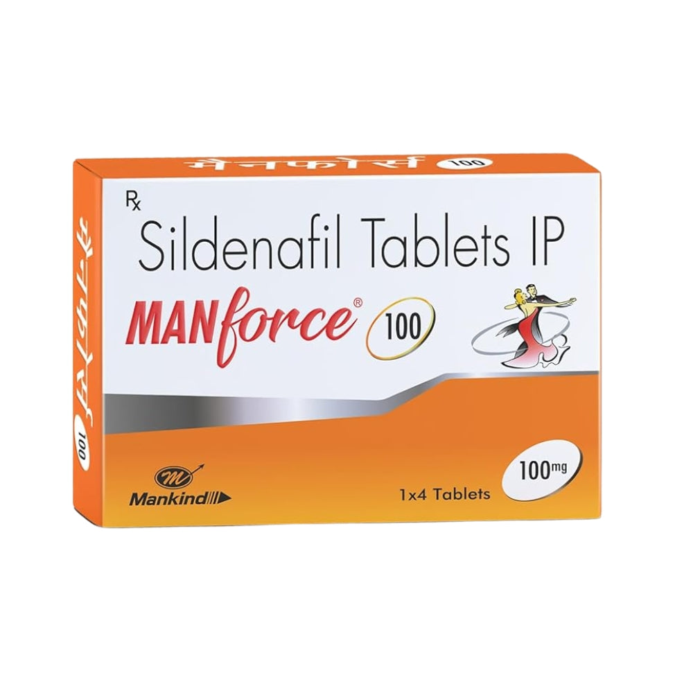 Box of Manforce 100 Sildenafil Tablets on a white background