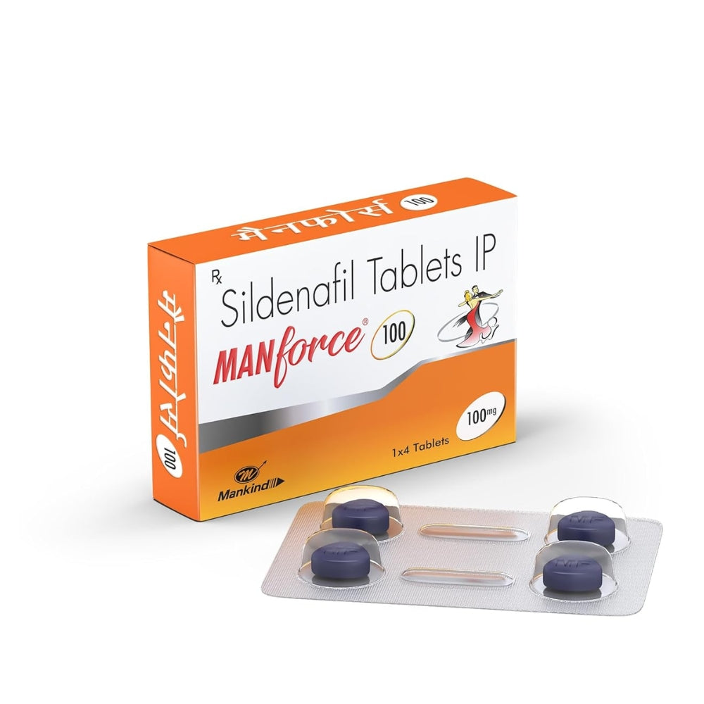 Box of Manforce Sildenafil Tablets IP with blister pack on a white background