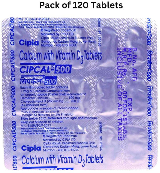 Cipcal 500 Tablet from Cipla | Source of Calcium & Vitamin D | For Bone, Joint and Muscle Care Pack of 120 Tablets