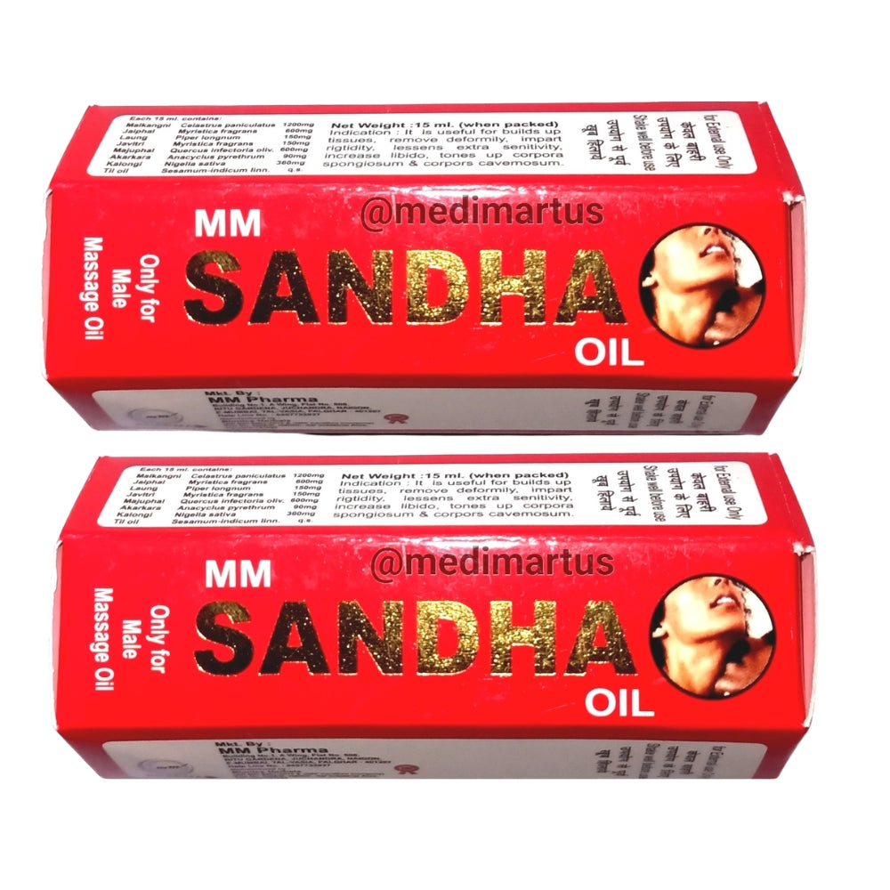 Two red boxes of MM Sandha Oil with gold text on a white background