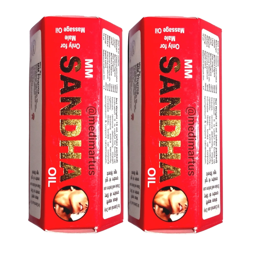 Two red boxes of MM Sandha Oil with gold text on a white background