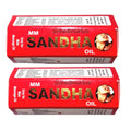 Two red boxes of MM Sandha Oil with gold text on a white background