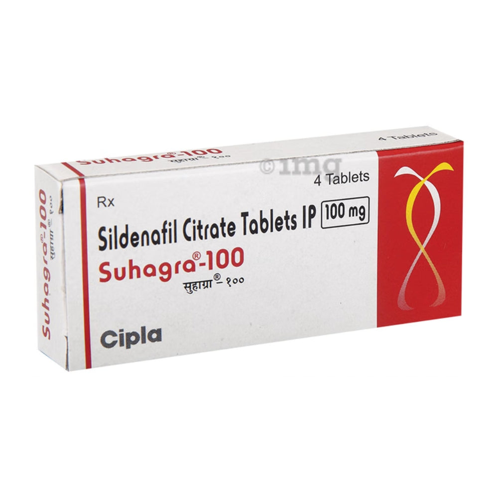 Box of Suhagra-100 sildenafil citrate tablets on a white background