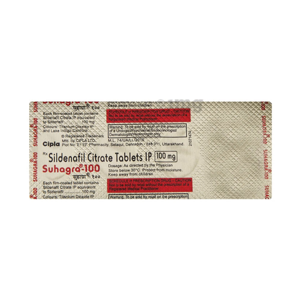 Packaging of Sildenafil Citrate Tablets IP 100 mg by Cipla on a white background