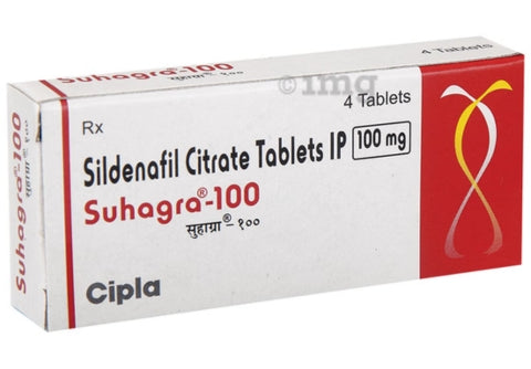 Box of Sildenafil Citrate Tablets IP Suhagra 100mg by Cipla on a white background