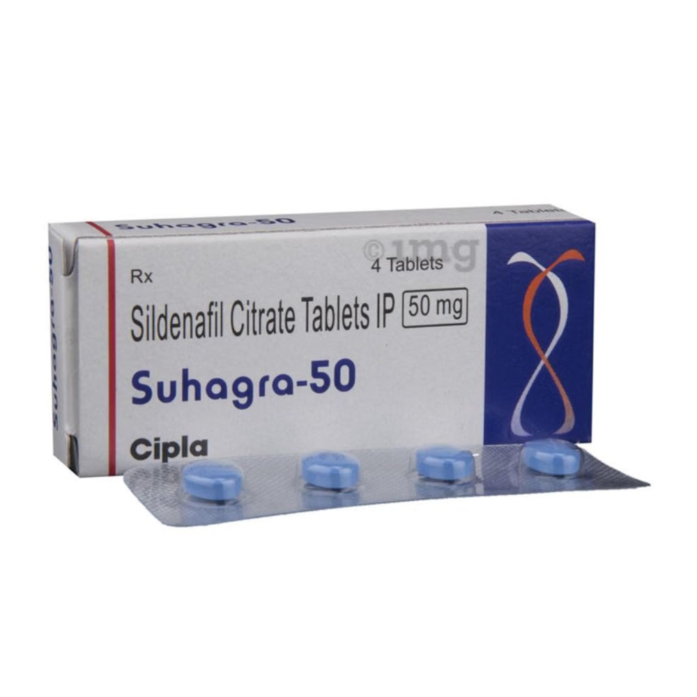 Box of Suhagra-50 with blue tablets on a white background