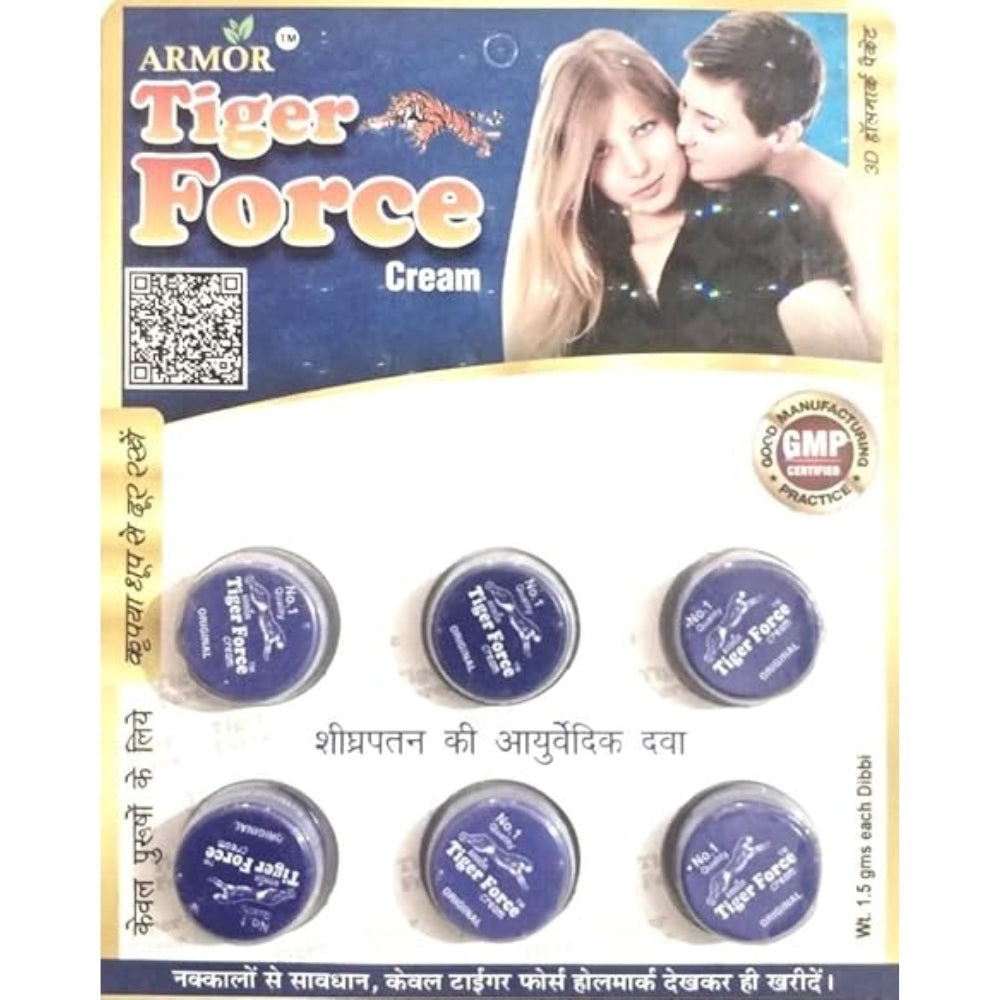 Package of Armor Tiger Force Cream with images of a man and woman, and product packaging.