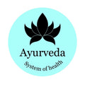 Logo of Ayurveda system of health with a black leaf design on a light blue circle.