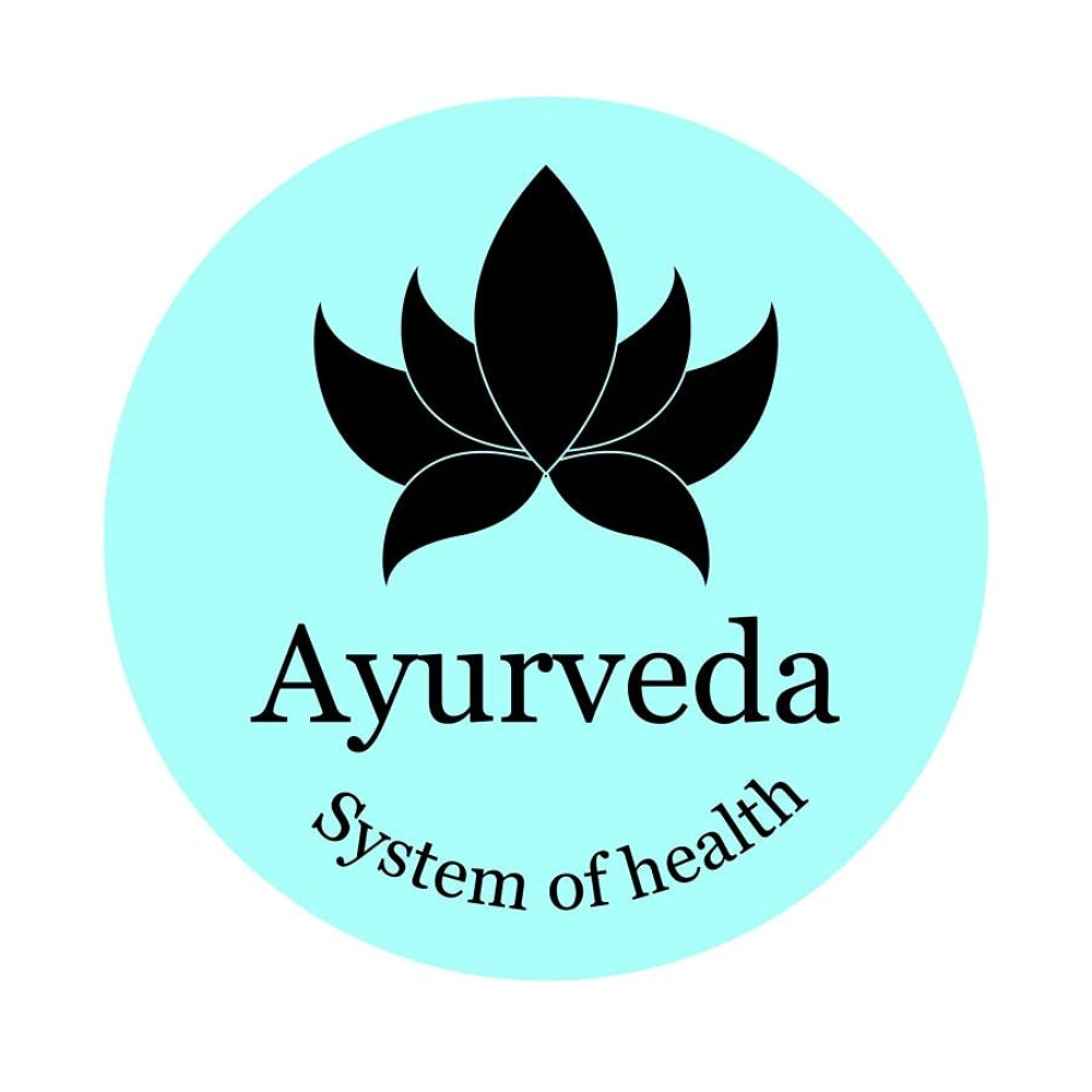 Logo of Ayurveda system of health with a black leaf design on a light blue circle.