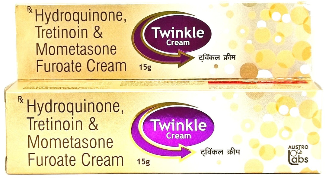 Twinkle Cream 15g containing Hydroquinone, Tretinoin and Mometasone Furoate for melasma and hyperpigmentation treatment under medical supervision.