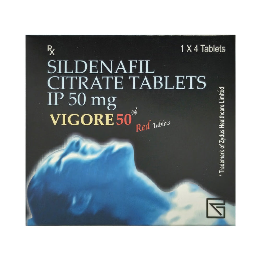 Vigore 50 Sildenafil Citrate Tablets packaging with a dark background
