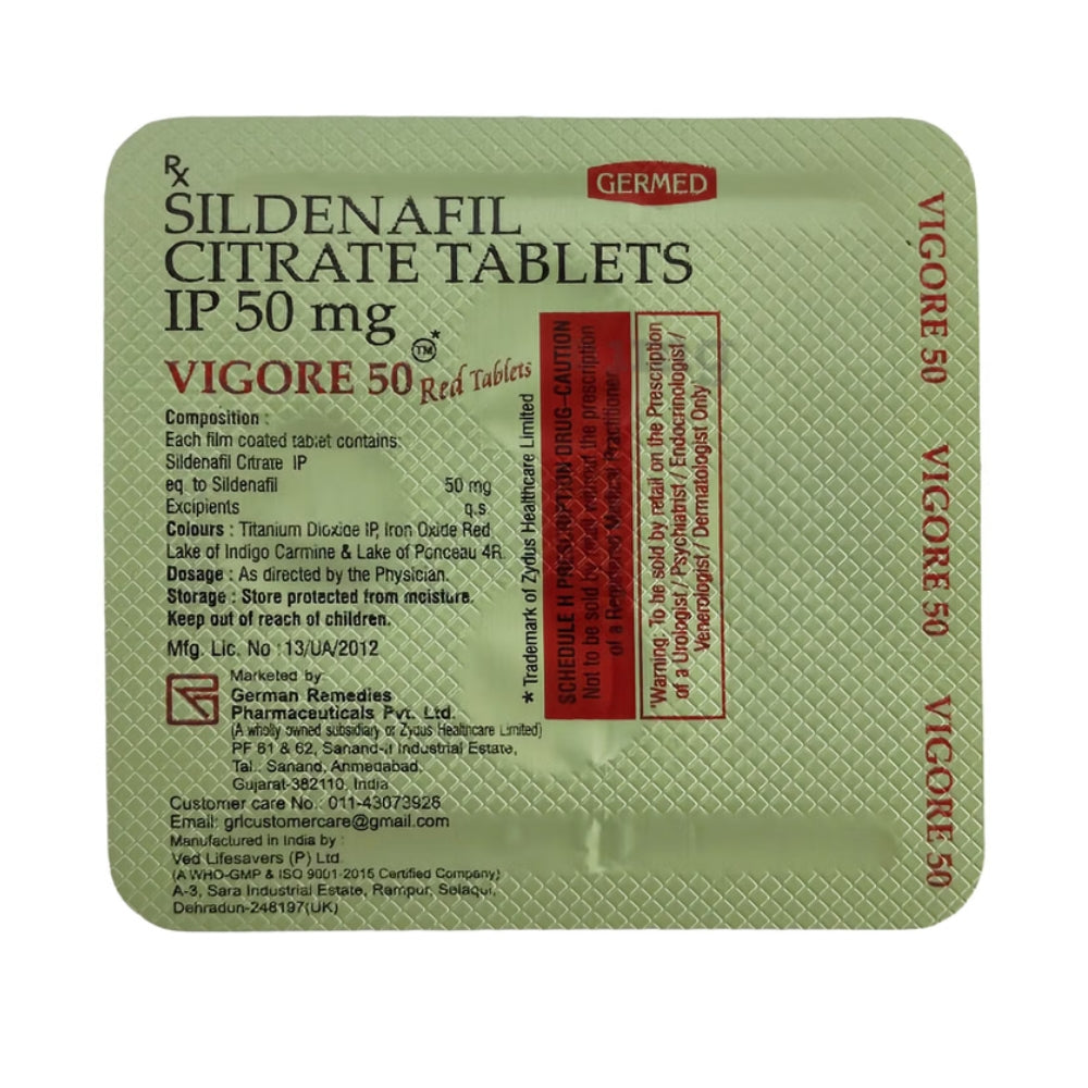 Packaging of Sildenafil Citrate Tablets IP 50 mg with brand name 'Vigore' on a white background.