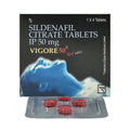 Vigore 50 Sildenafil Citrate Tablets packaging with red tablets on a white background