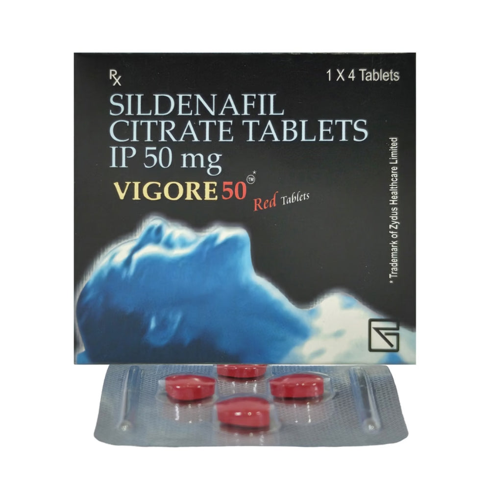 Vigore 50 Sildenafil Citrate Tablets packaging with red tablets on a white background
