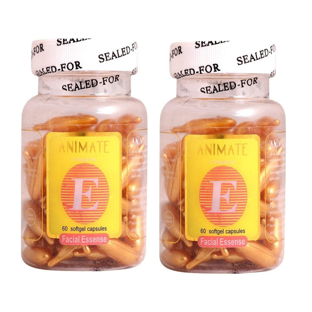 Two bottles of 'Animate E' facial essence capsules on a white background