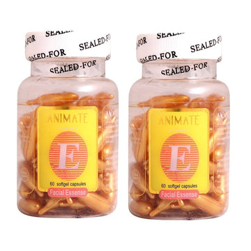 Two bottles of 'Animate E' facial essence capsules on a white background