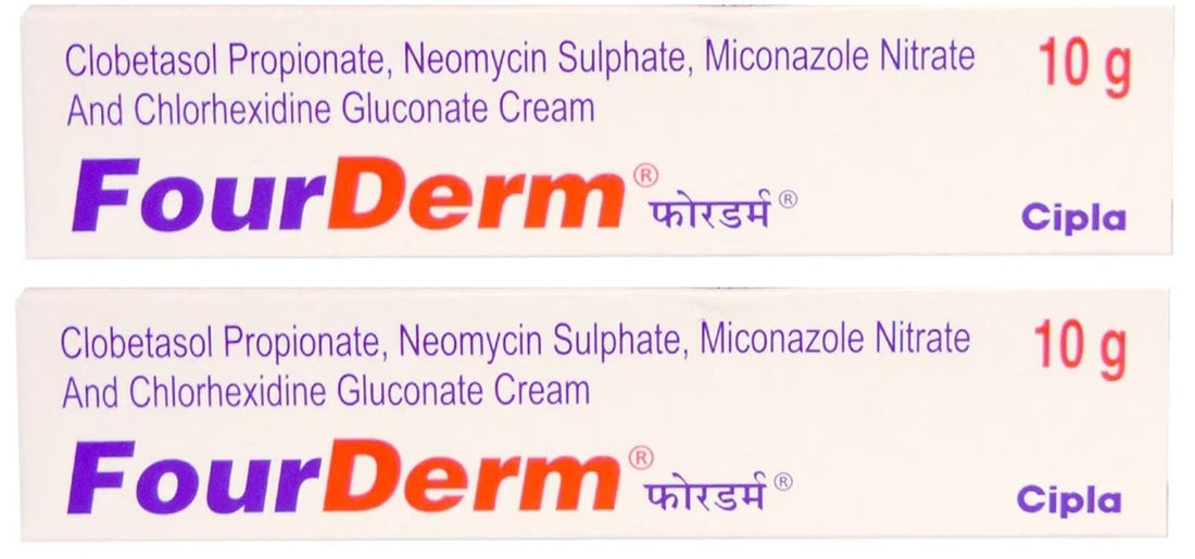 FourDerm cream packaging with Clobetasol Propionate, Neomycin Sulphate, Miconazole Nitrate, and Chlorhexidine Gluconate.